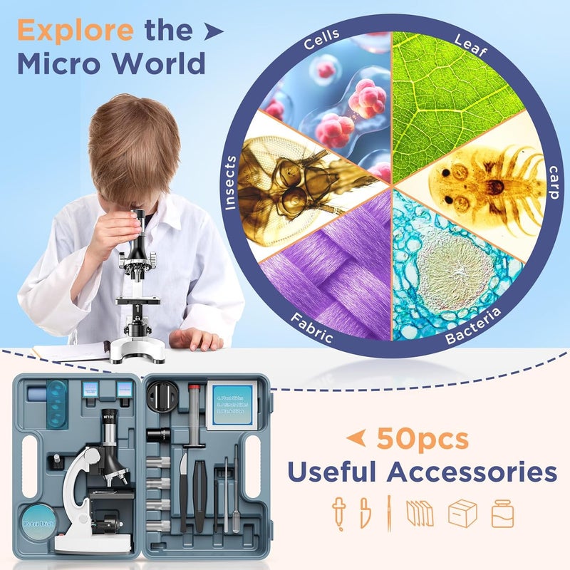 MAXLAPTER 100X-1200X Kids Microscope Kit for Children: Compound Microscope for Kid STEM Biology Discovery - Science Experiments Microscopio Set with Metal Frame, Carrying Box Educational Gift for Child 8-12 - Image 2